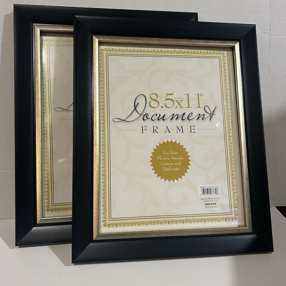 Lot of 2 Black Document Frames 8.5" x 11" with Gold Trim - Picture Diploma Award